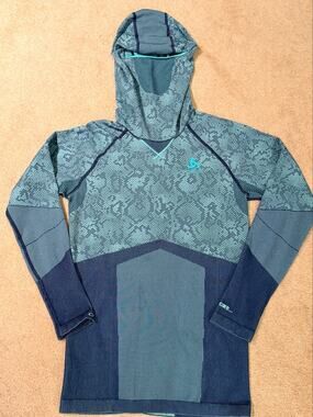 Odlo Performance Light Baselayer Hoodie Top Womens SZ L Blue Snake Print